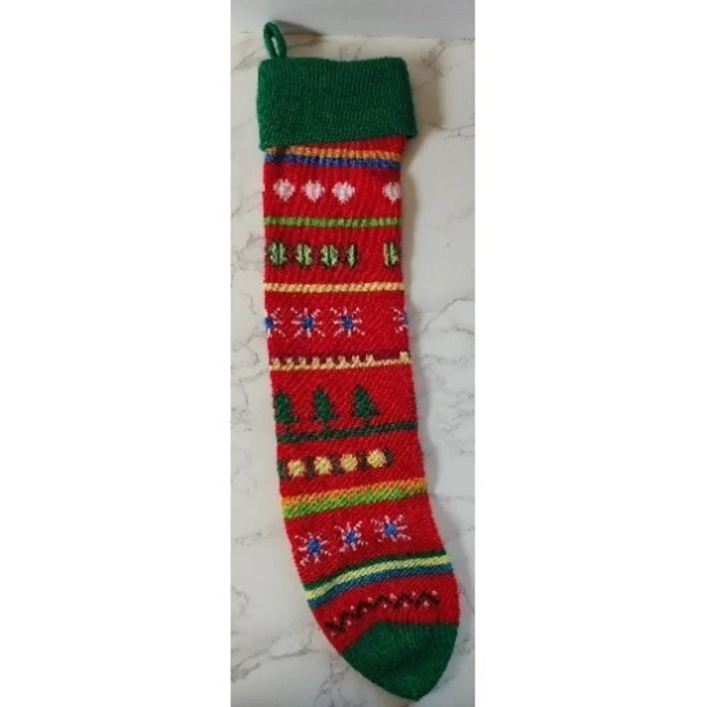 Vtg Christmas Stocking Trees Stripes Snowflake Striped Stocking A19